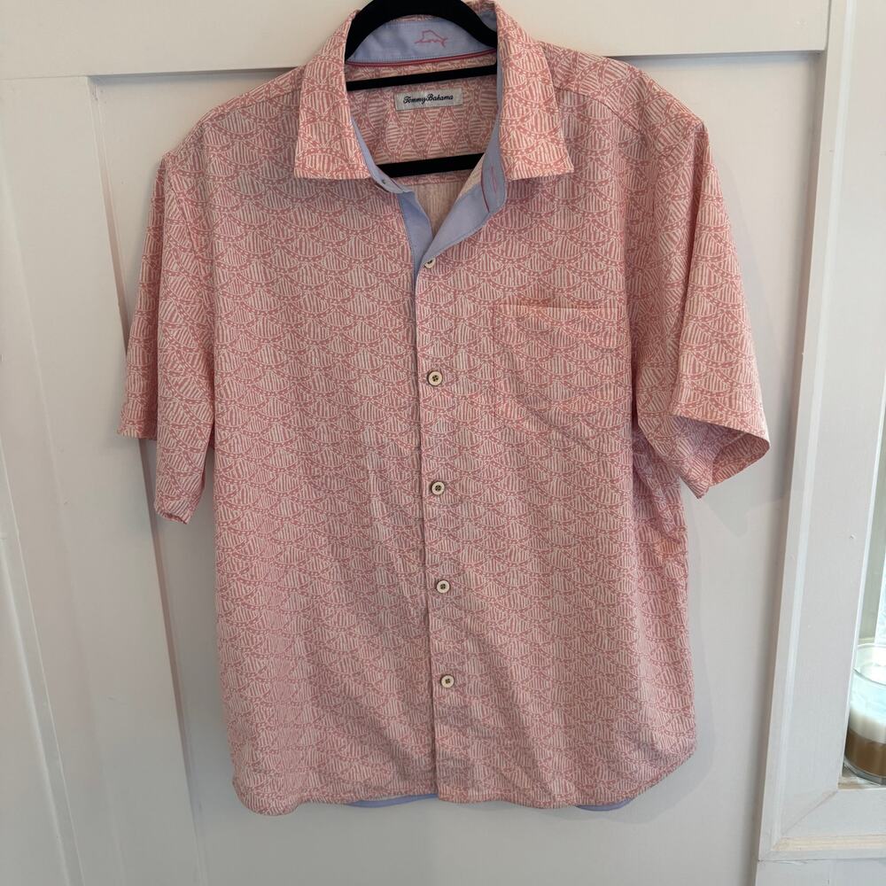 Tommy Bahama Men's Desoto Shells Camp Shirt Silk Blend Pink Button Up Size Large